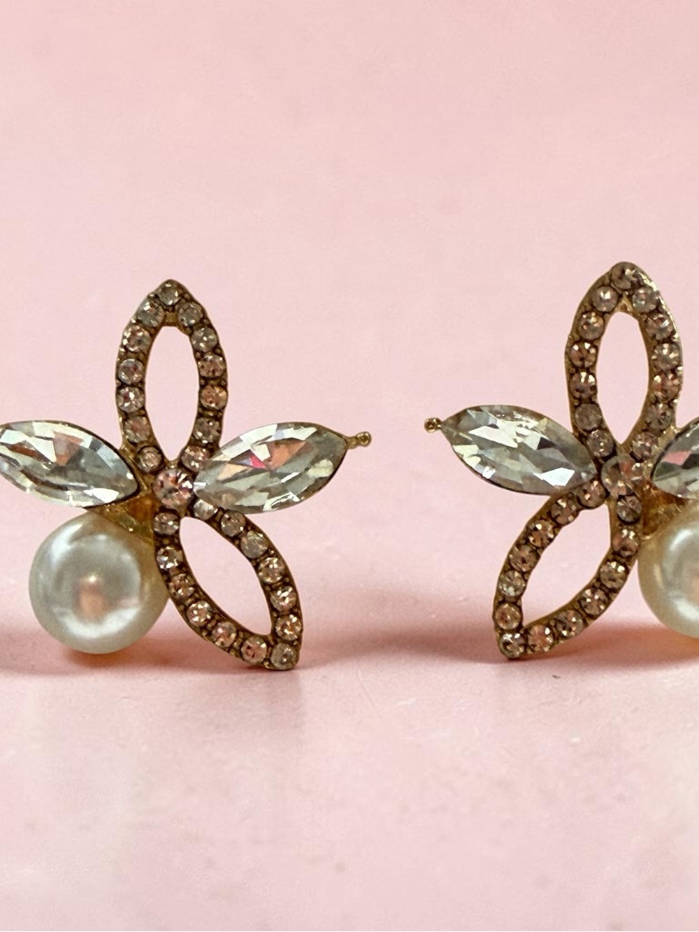 Crystal & Pearl Floral Stud Earrings - Gold Tone